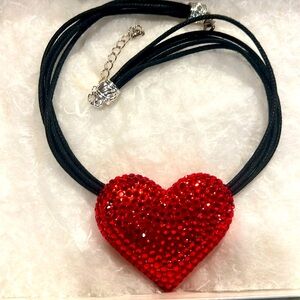 Red heart shaped rhinestone necklace . 15 inches with 2 inch extender.